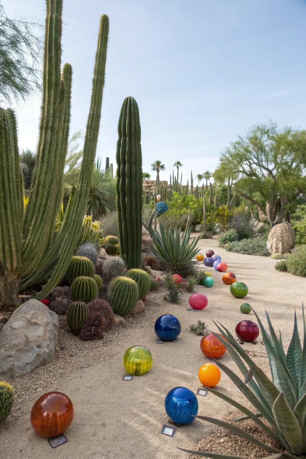 Glass balls adding a playful touch to a cactus garden.