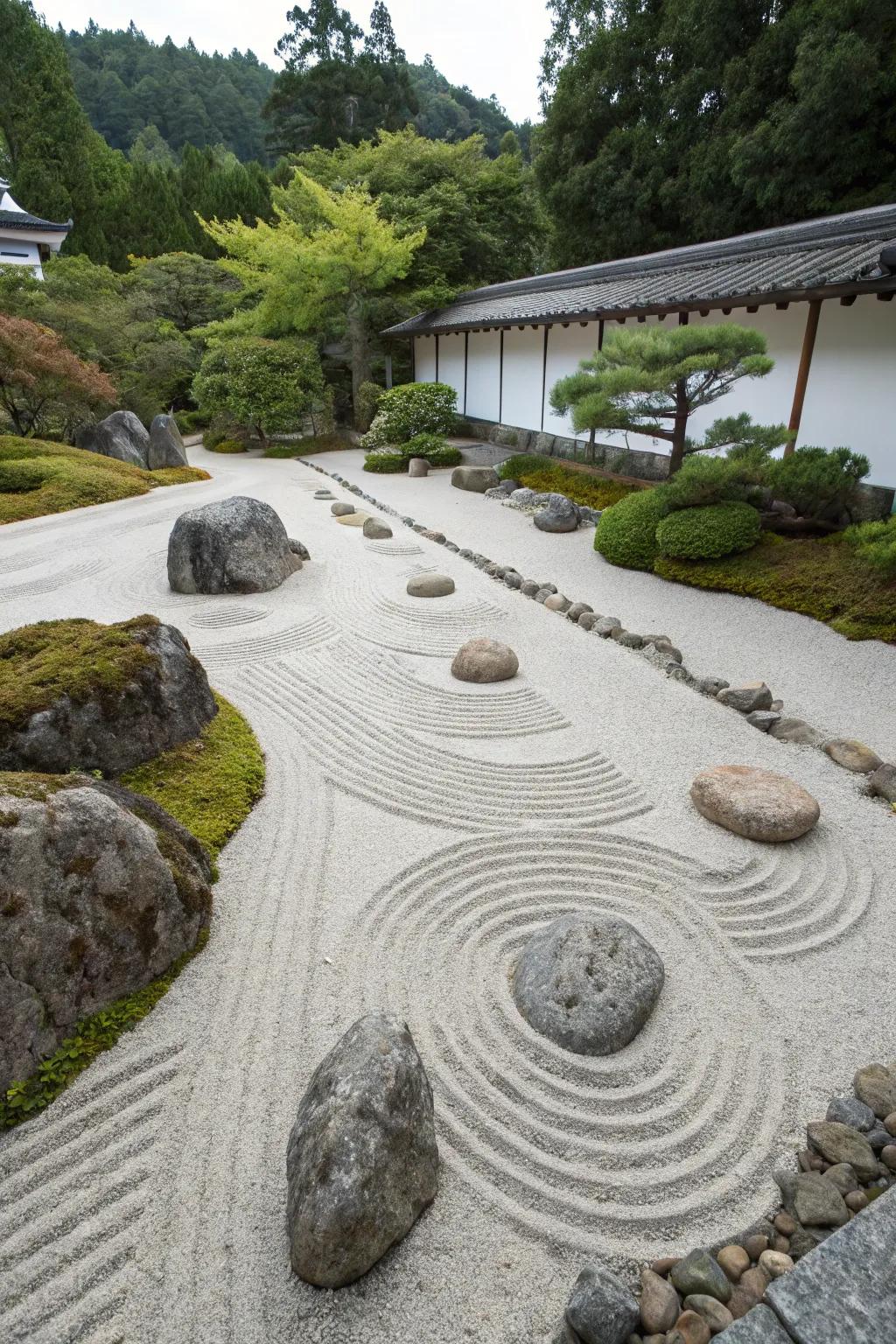 A Zen rock garden offers space for meditation and contemplation.