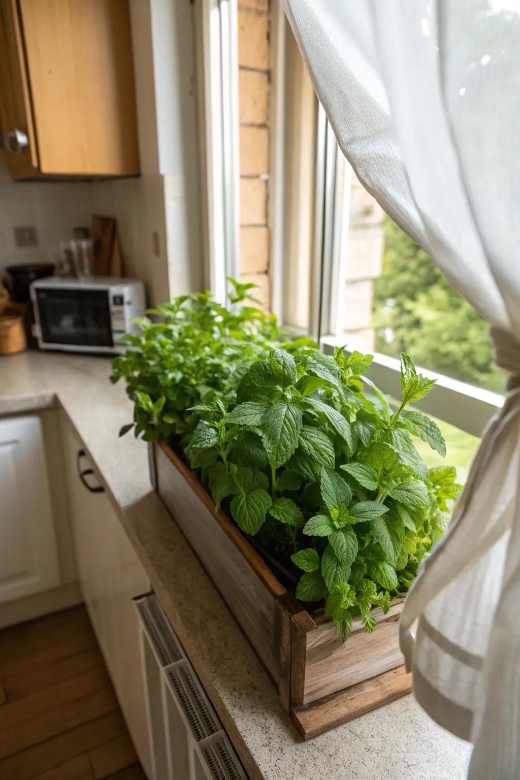 A handy window box brimming with fresh mint.