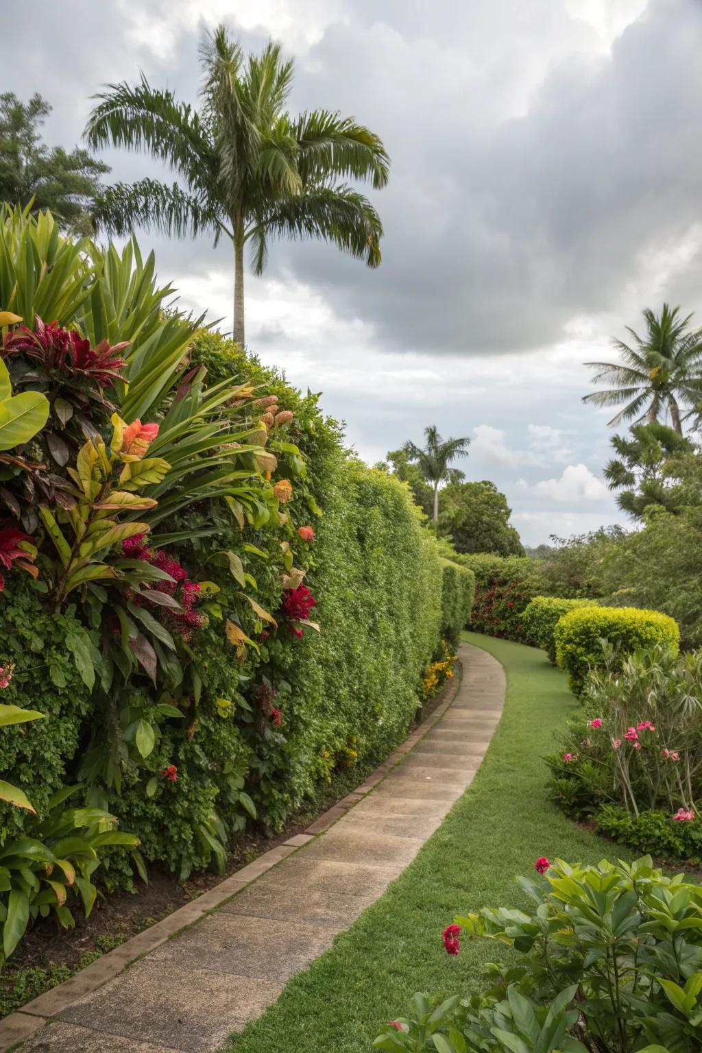 A mixed hedge with tropical plants in a residential garden.