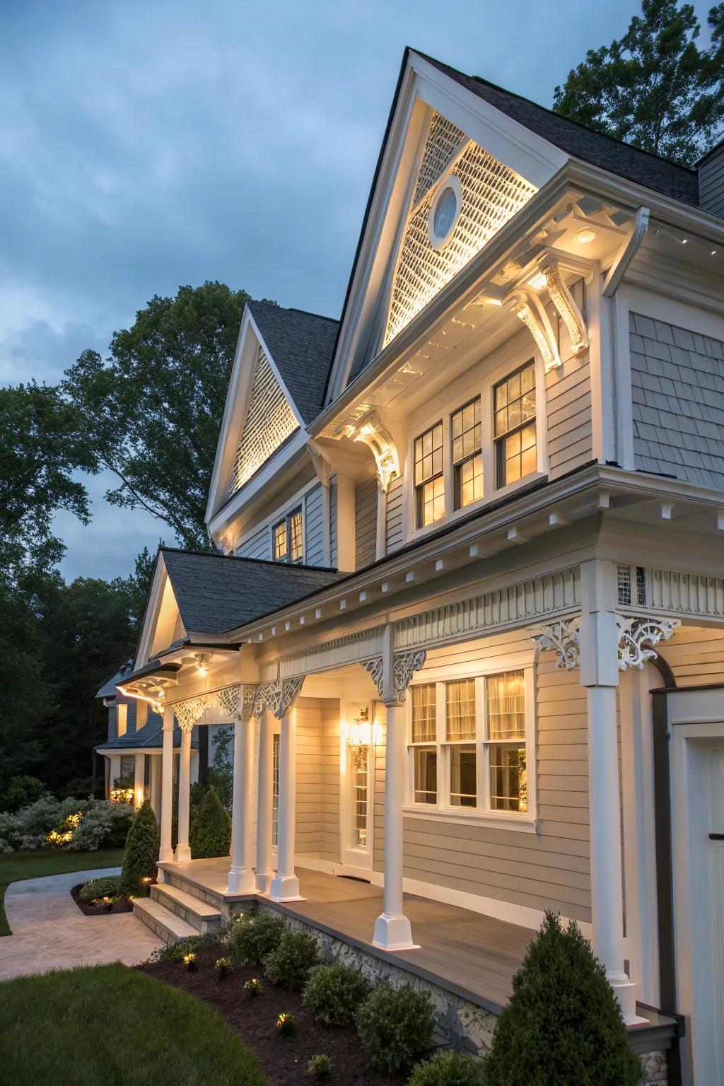 Detailed trim work enhancing the design of a mixed siding home exterior.