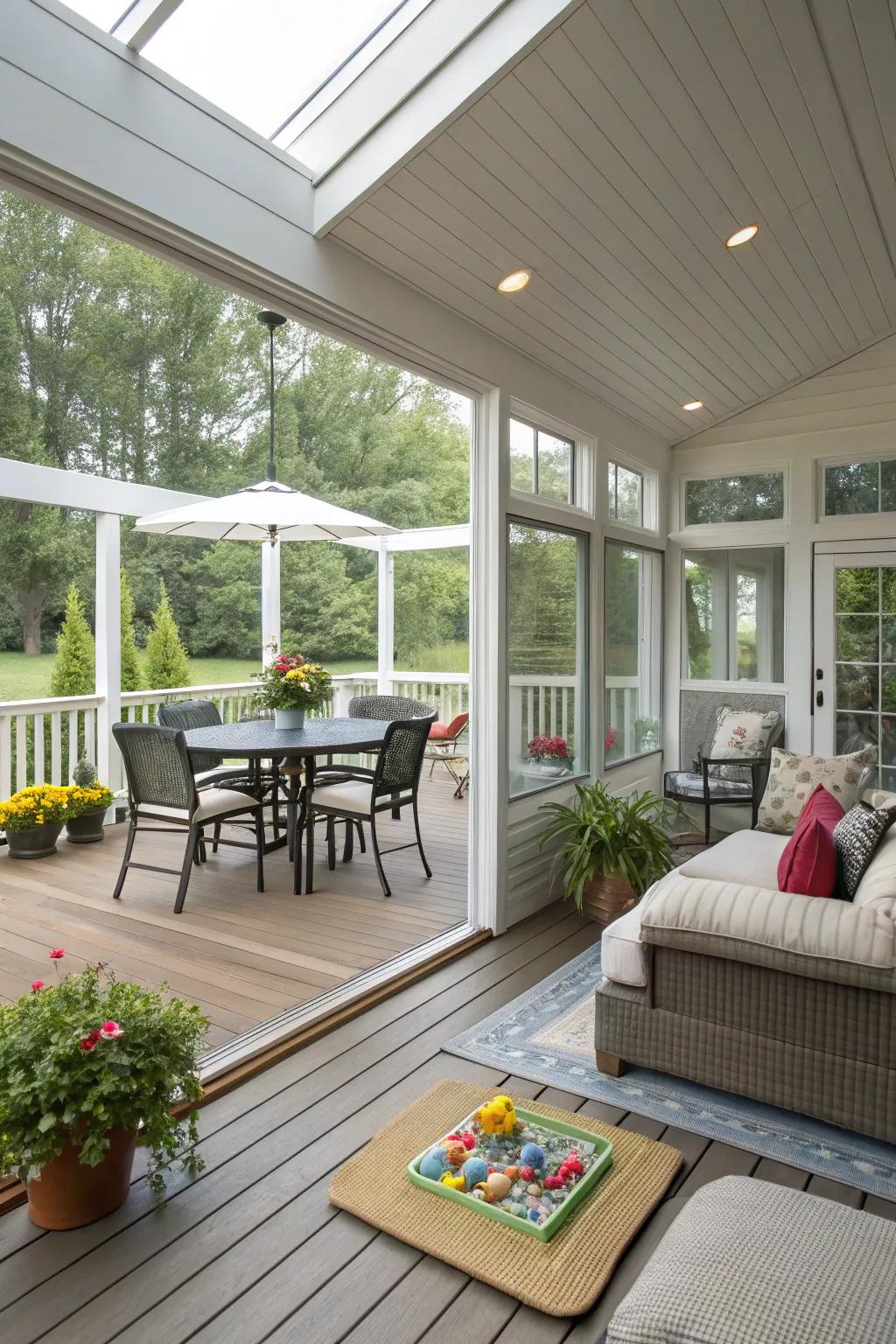 Dedicated zones for diverse activities enriching the porch experience.