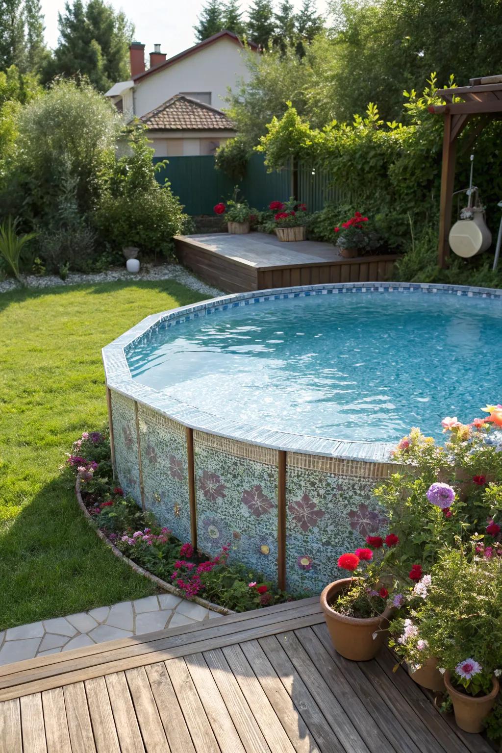 Shimmering mosaic tiles transform this above-ground pool into a stunning backyard artwork.