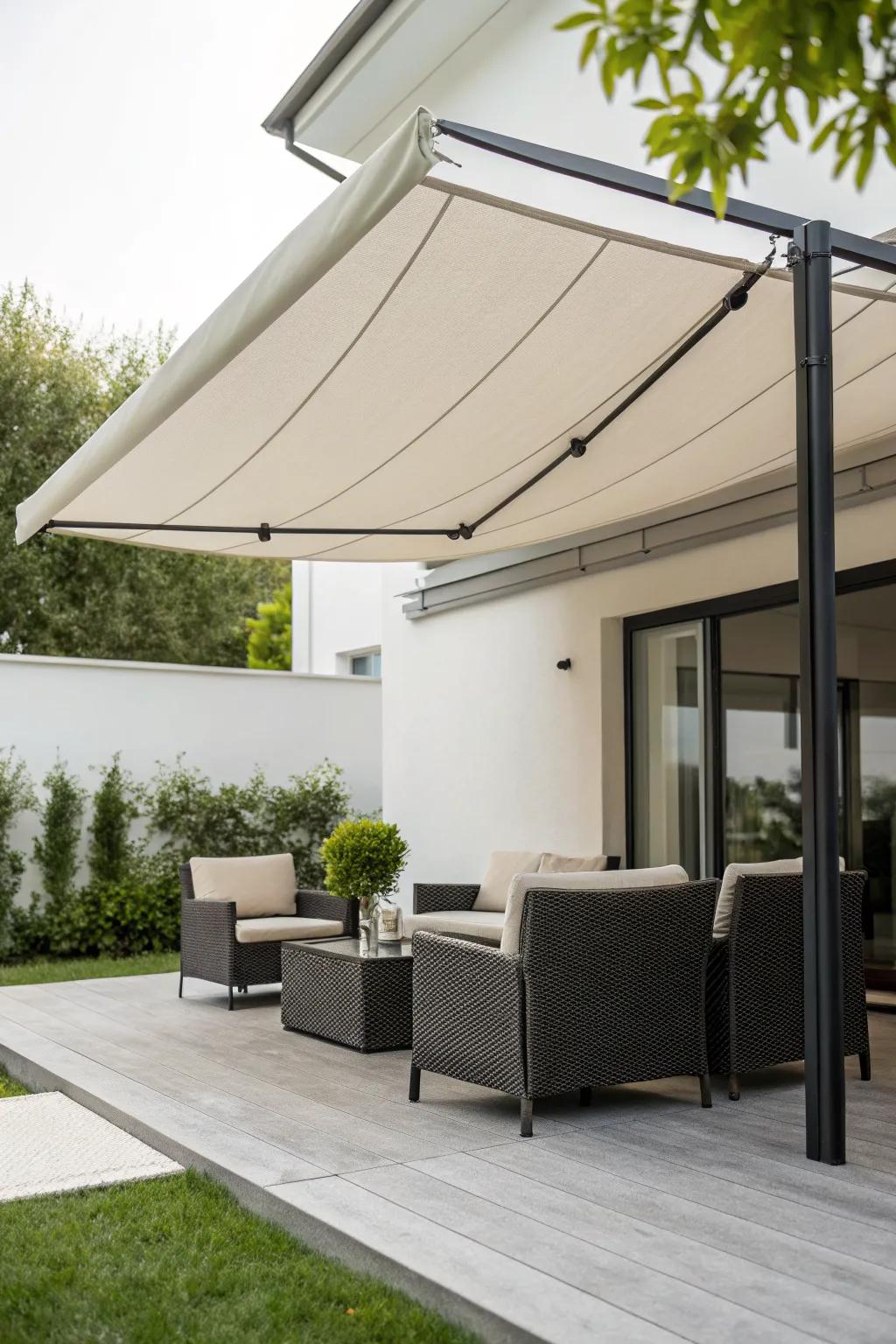 Minimalist fabric awnings provide understated elegance to any space.