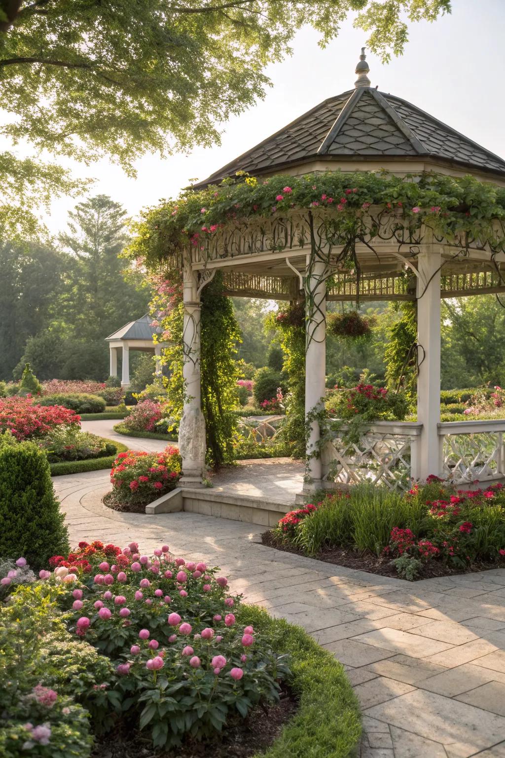 Integrated greenery creates a lush gazebo experience.