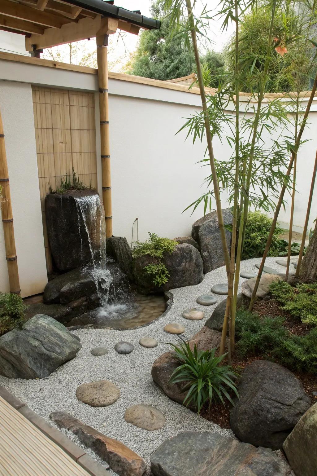 A zen garden waterfall fosters peace and tranquility.