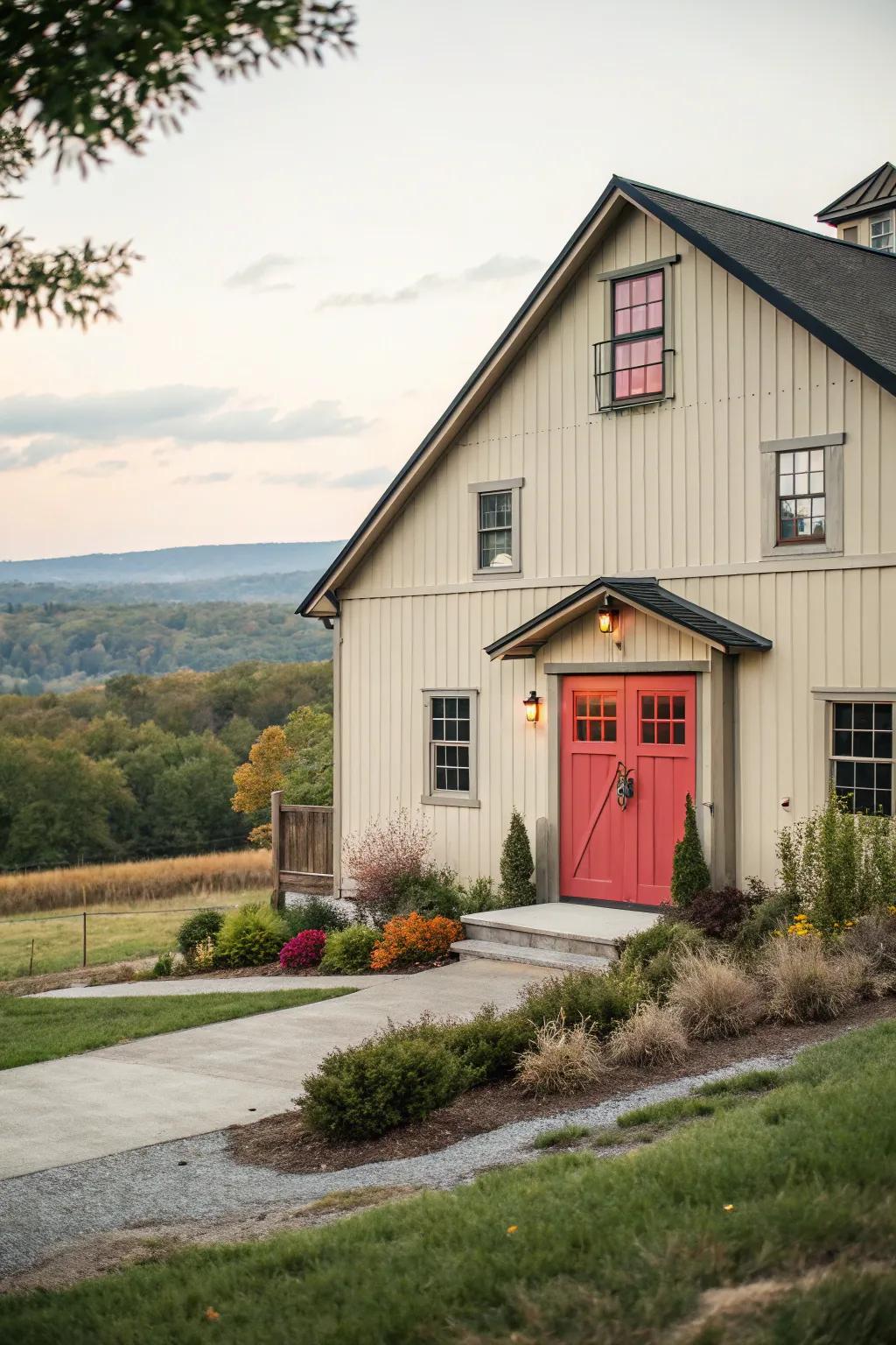 A bold-colored door adds personality to the barn house exterior.