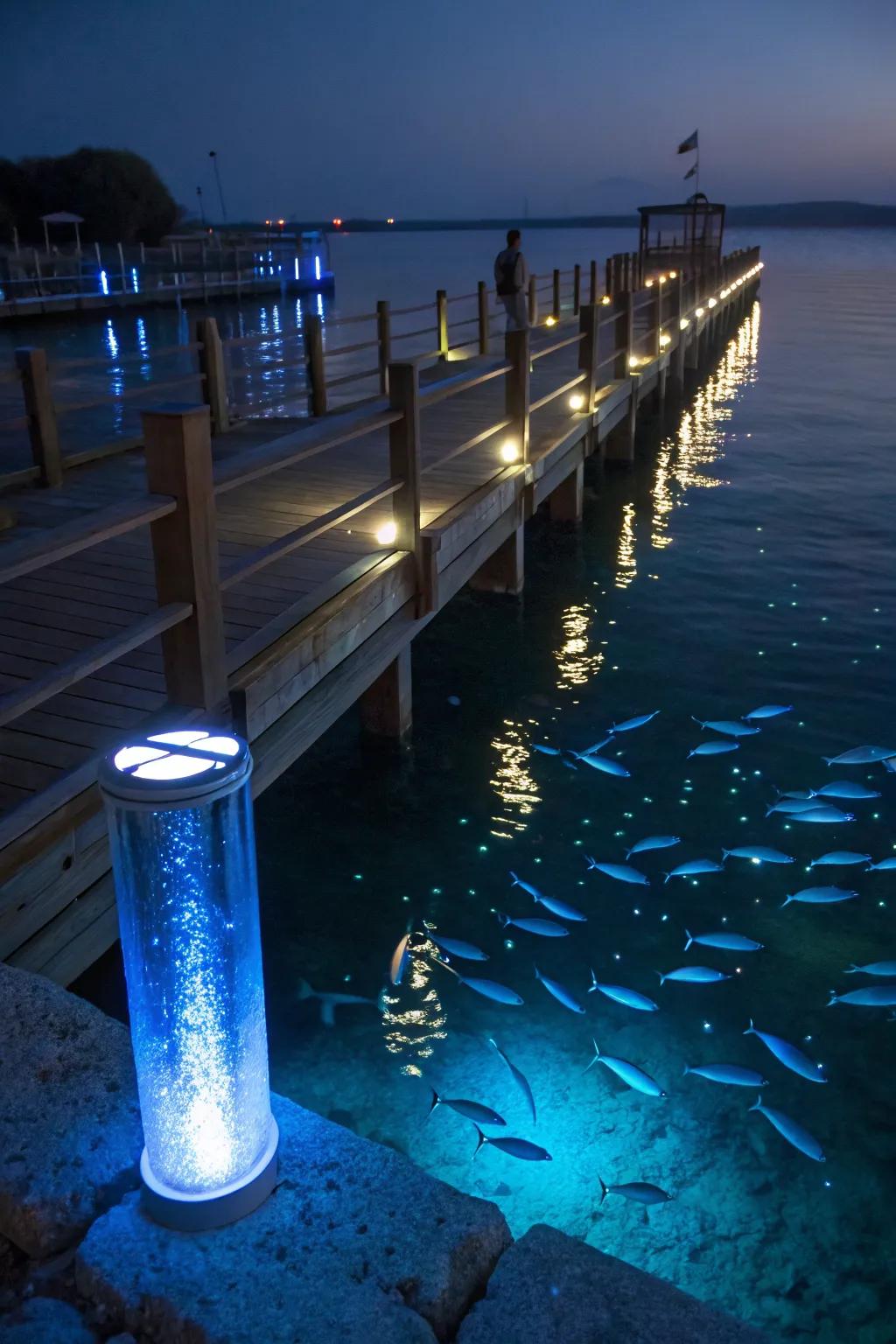 Underwater LED lighting adds a magical glow to your dock area at night.