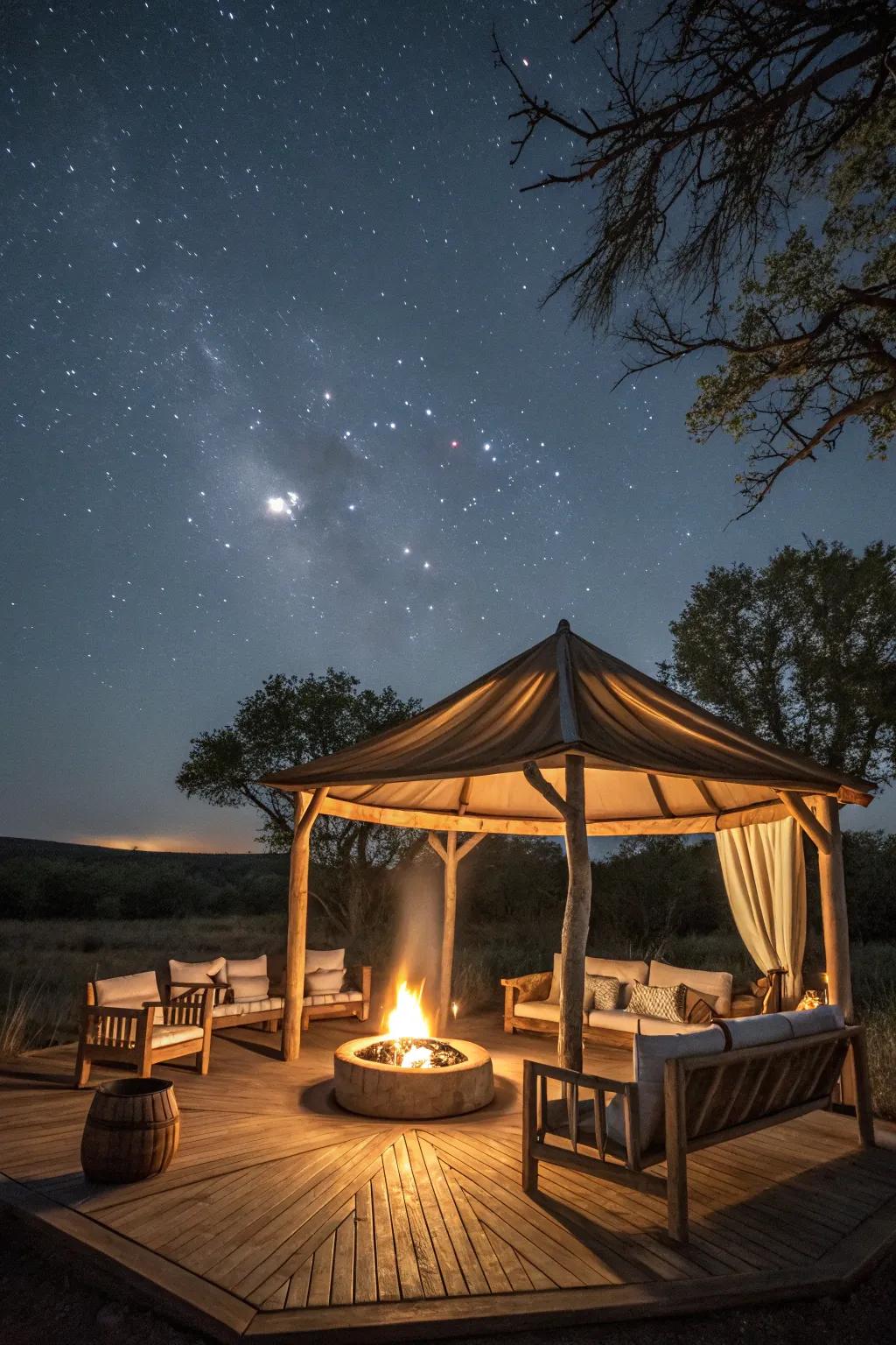 A cozy fire pit in the cabana for warm evenings.