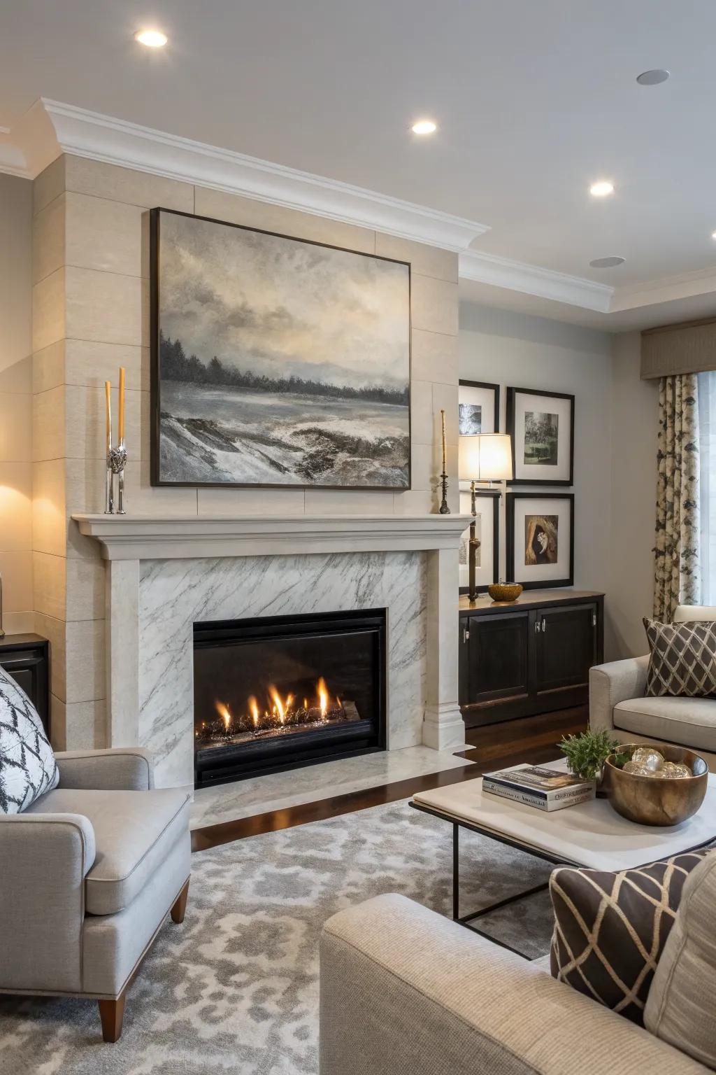 Modern fireplace enhanced by bold statement artwork.