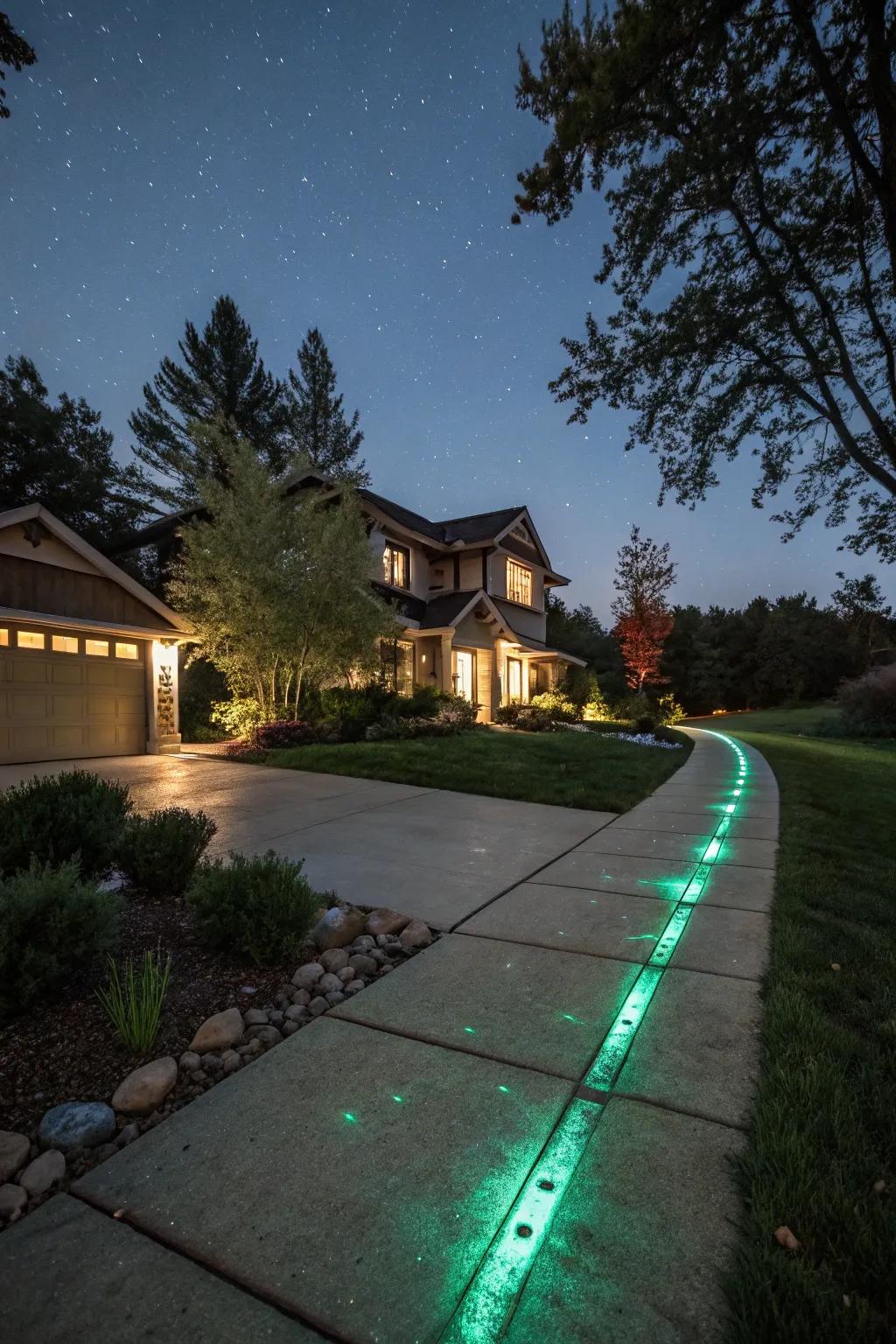 A driveway featuring glow-in-the-dark concrete for nighttime magic.