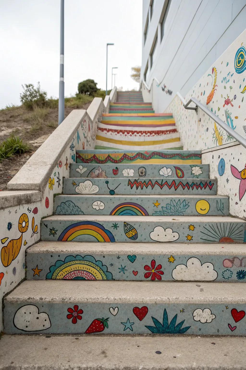 Patterned concrete steps adding whimsy and creativity.