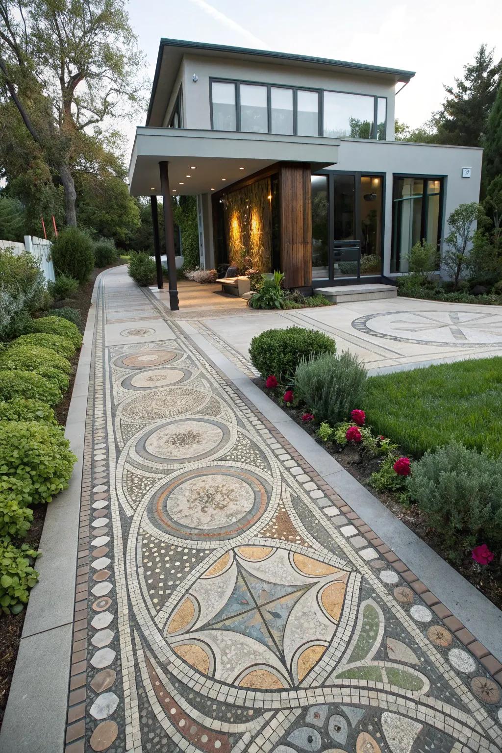 Concrete mosaic pathways captivate with artful designs.