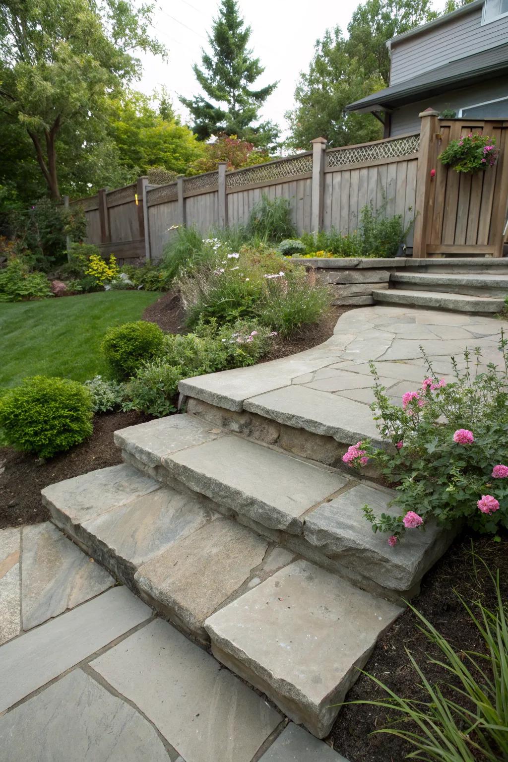 Concrete steps with a natural stone appearance.
