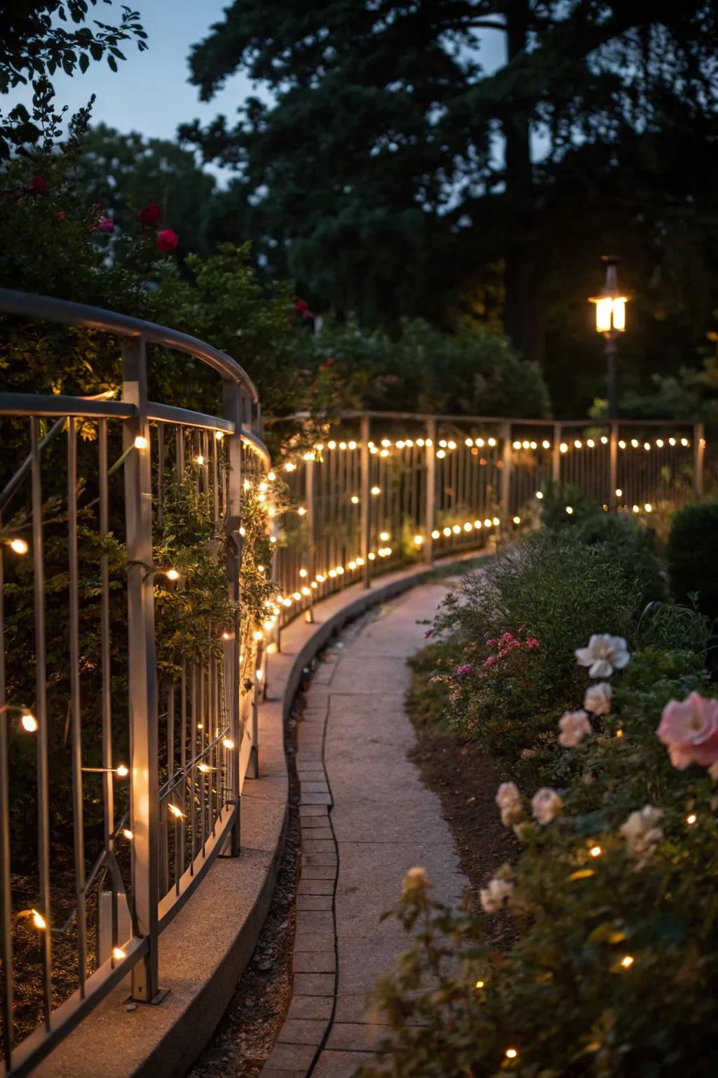 A curved fence lit with soft lights, turning a garden into an enchanting nighttime retreat.