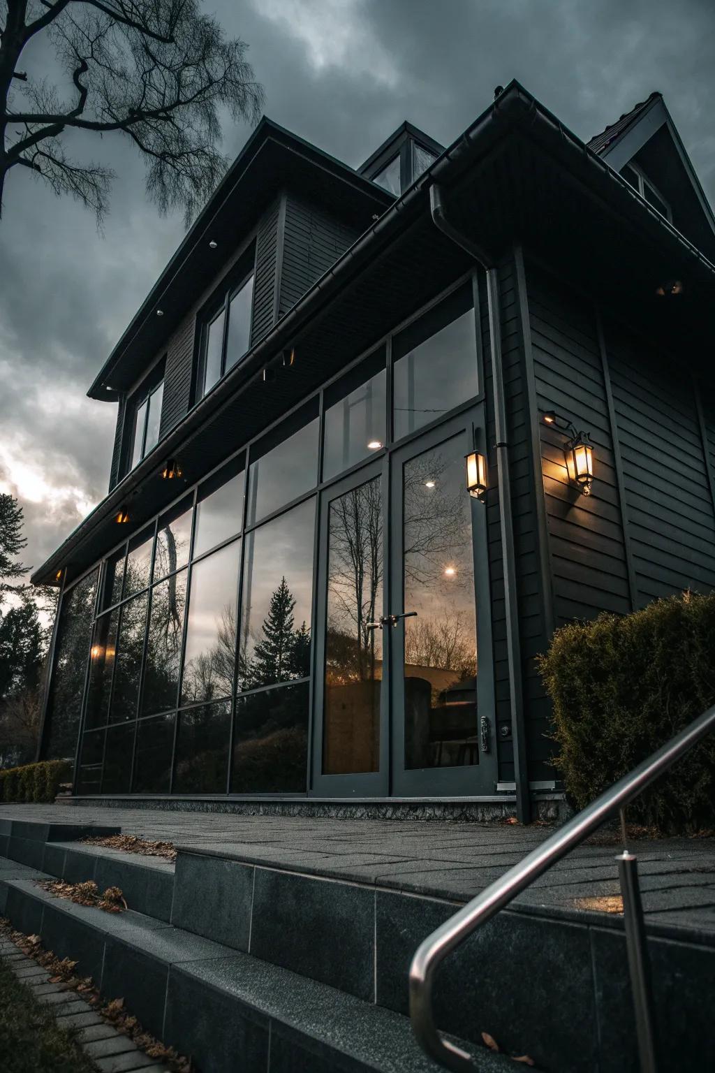 A dark exterior enhanced with reflective glass and metal.