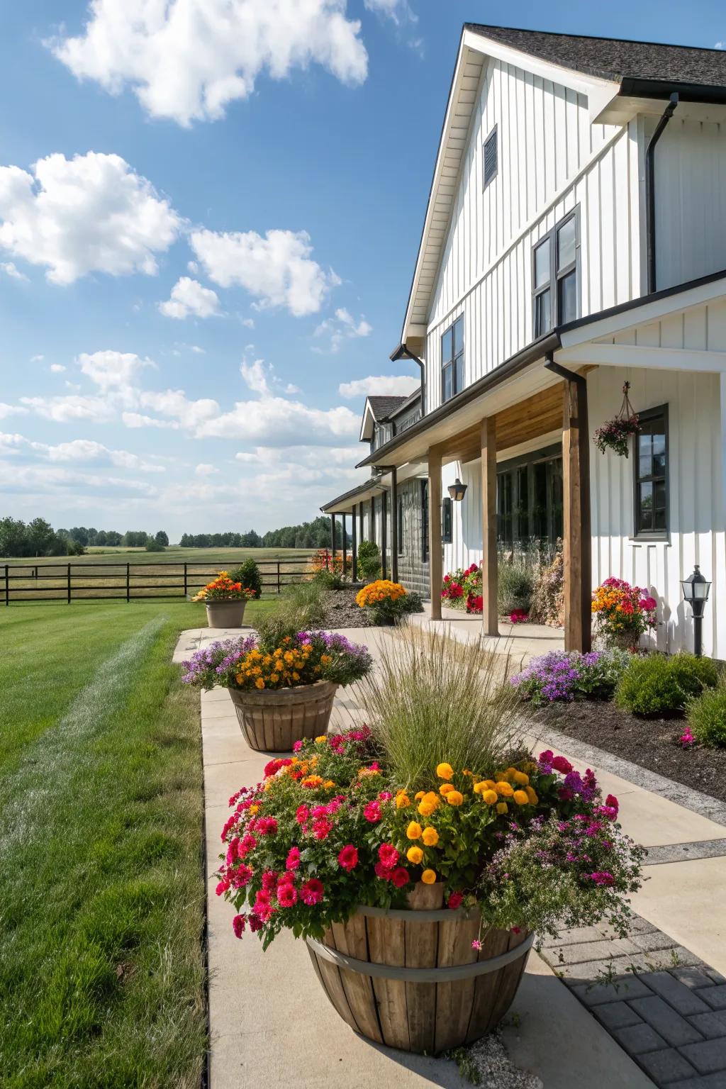 Seasonal planters provide a dynamic and fresh appearance.