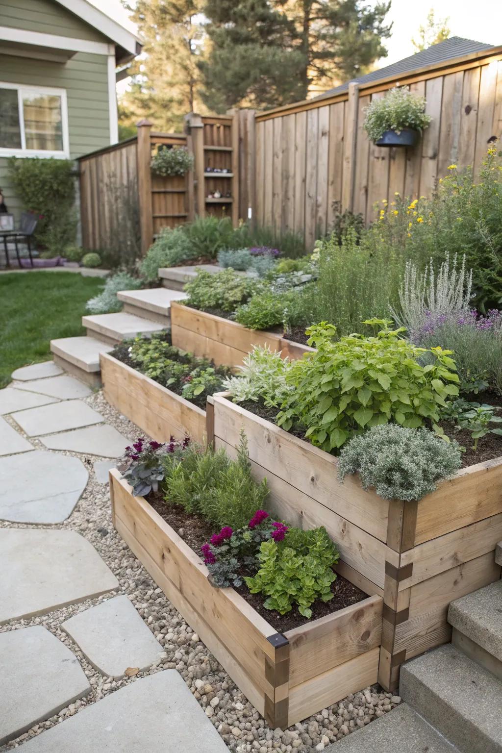 Tiered planter boxes introduce vertical gardening opportunities.