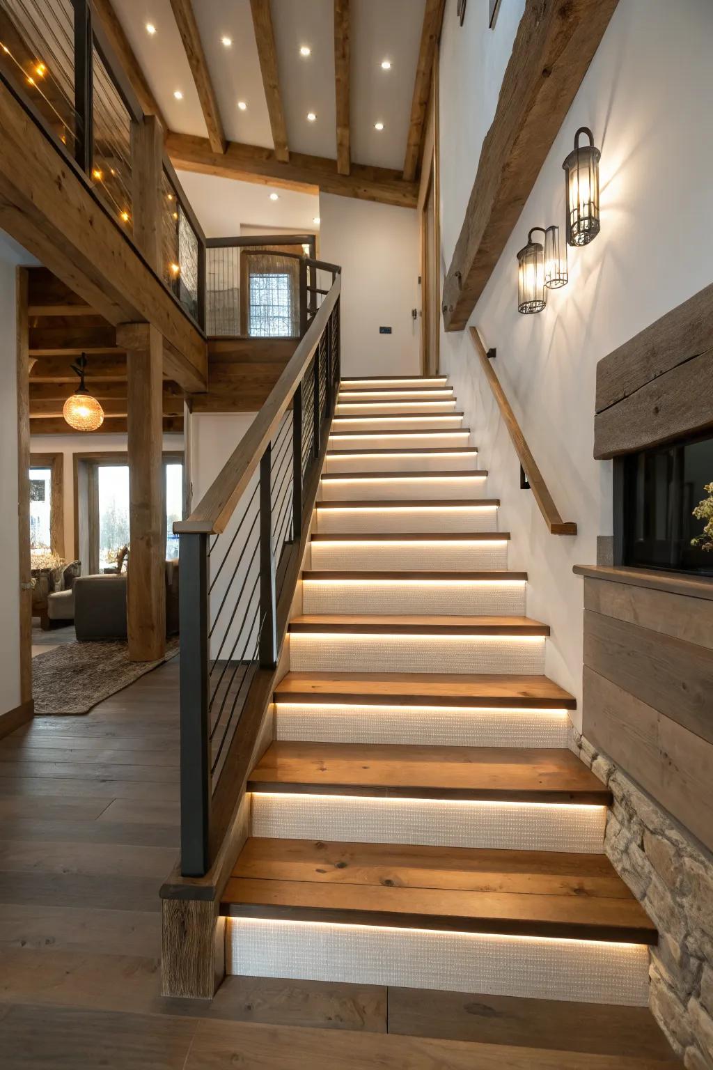 Step lights provide safety and style to this farmhouse stairway.