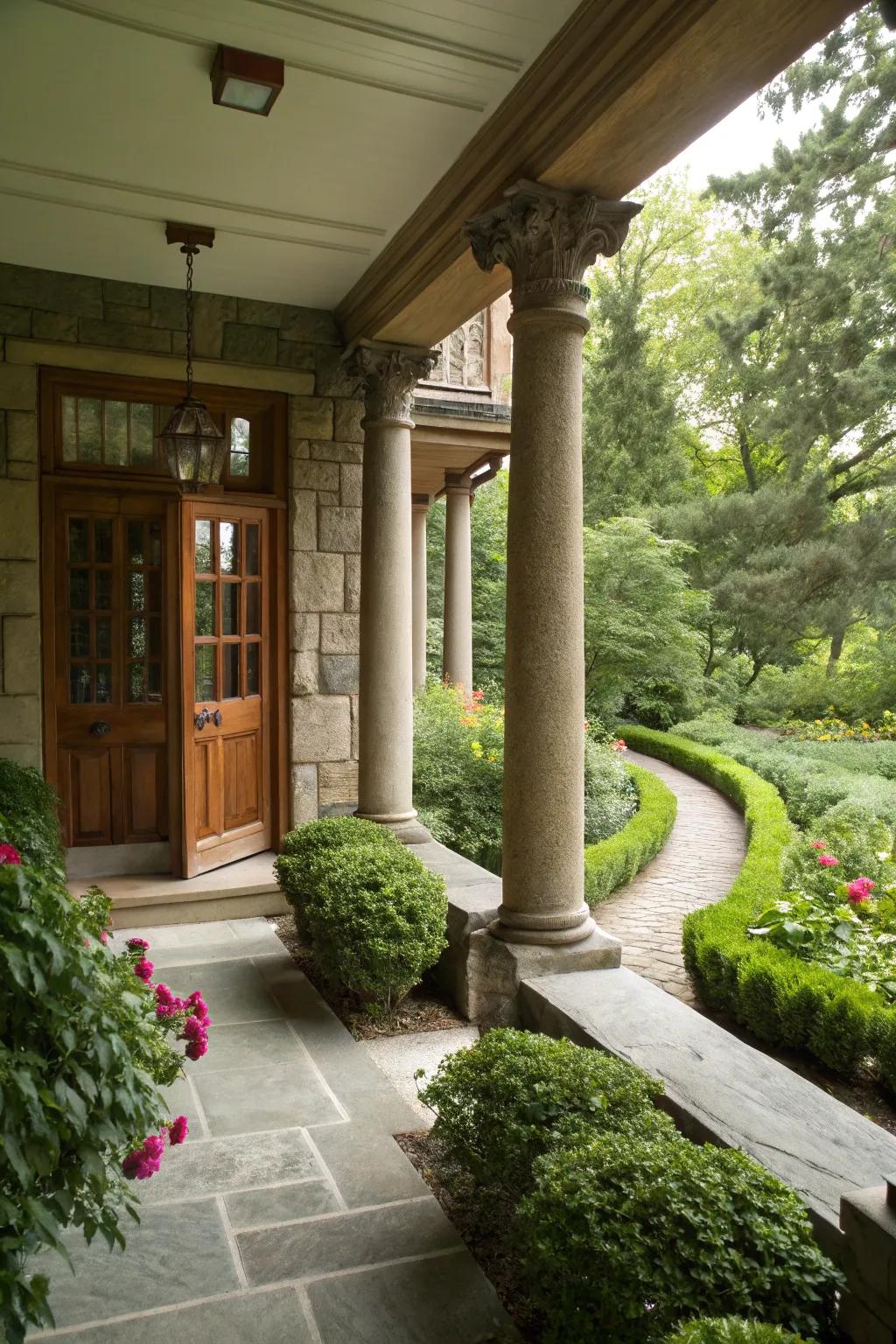 Natural stone columns integrate beautifully with outdoor surroundings.