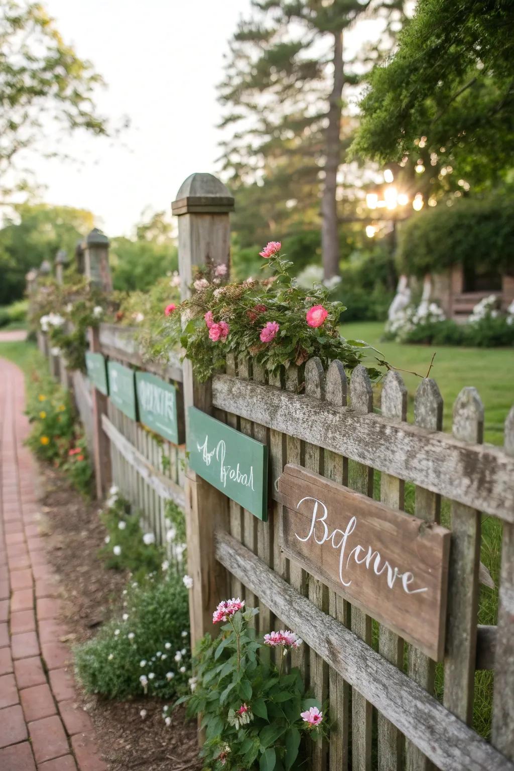 Add personality with rustic wooden signs on your fence.