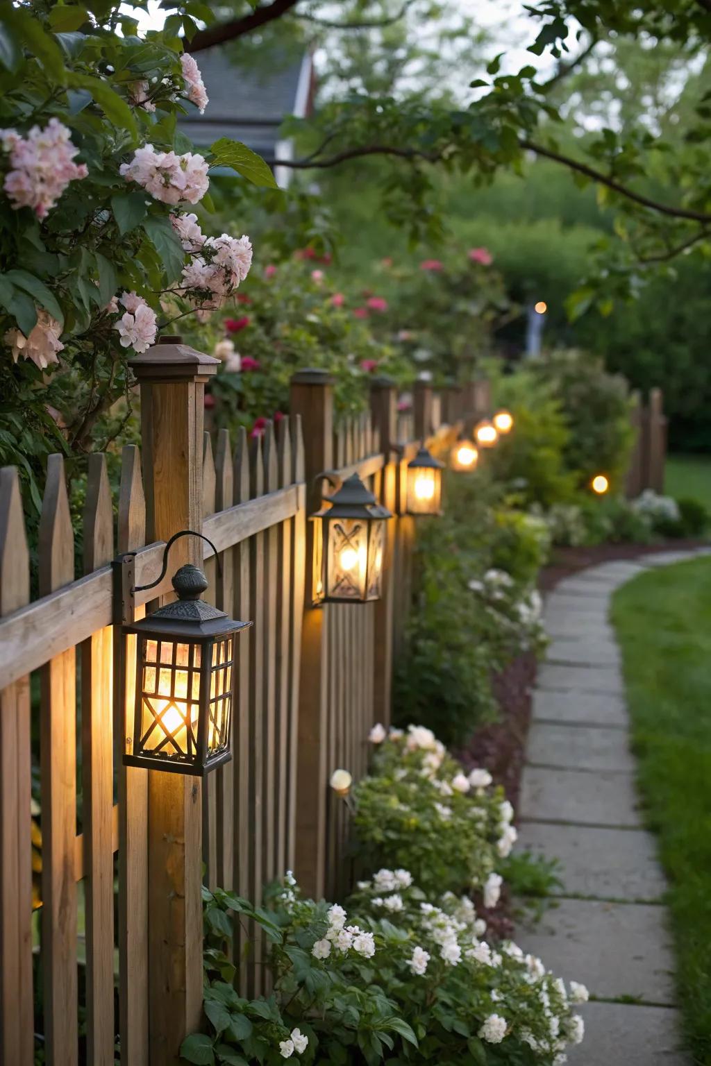 Fence-mounted sconces create a cozy ambiance in a backyard setting.