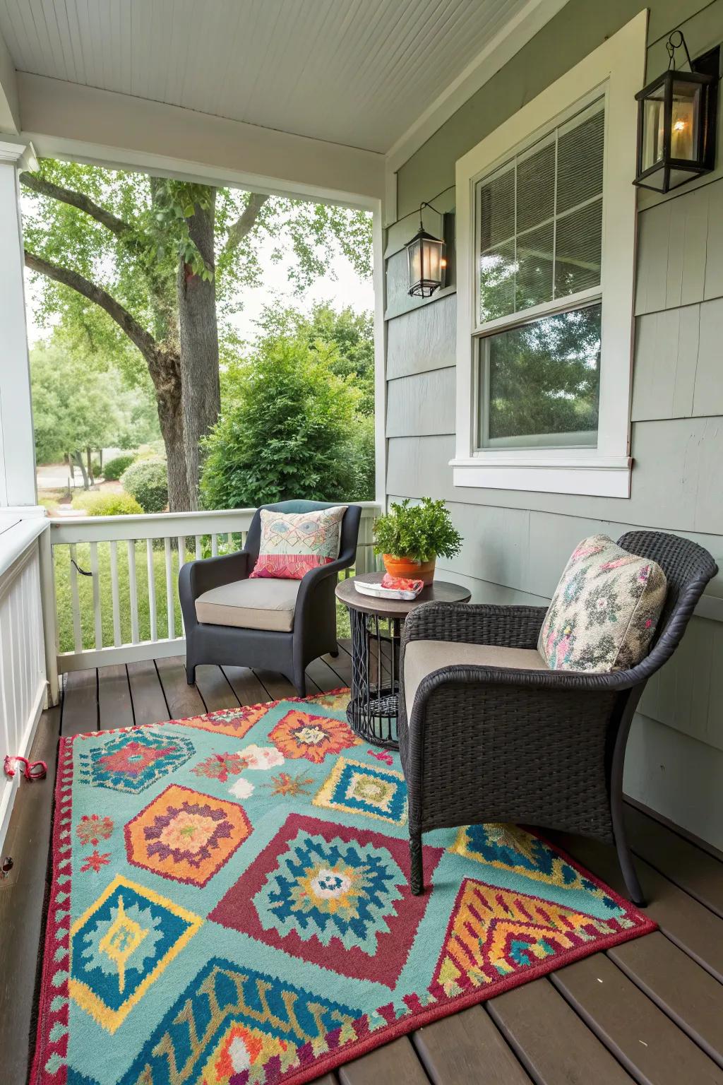A statement rug adds warmth and style to this small porch.