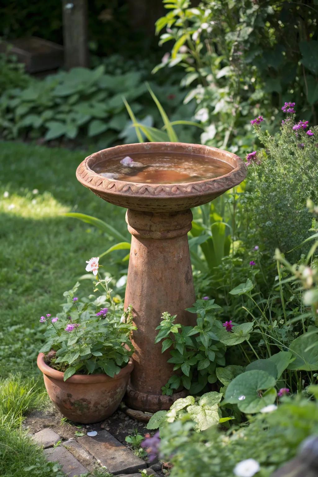 Charming DIY bird bath made from terracotta adds appeal.
