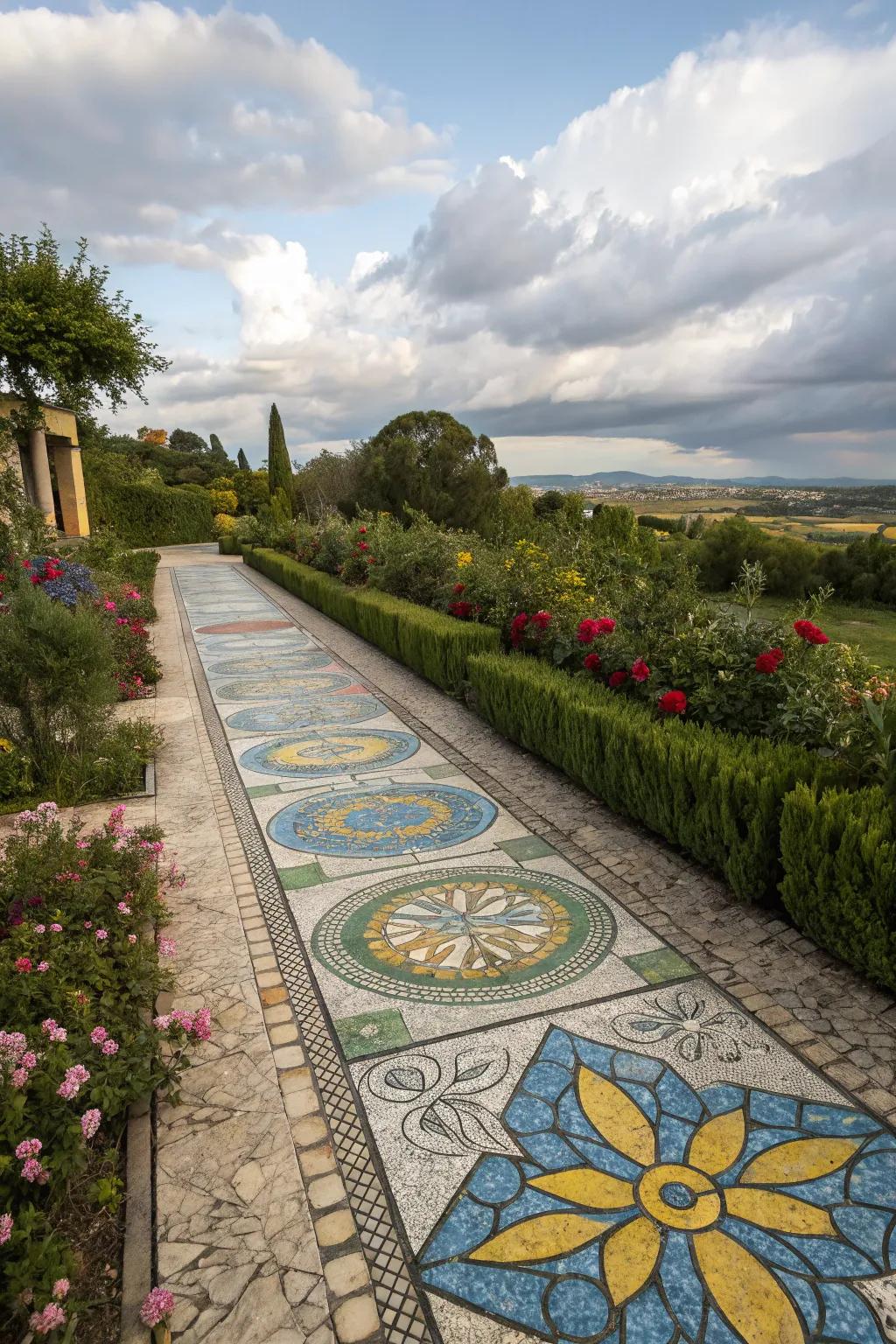 A garden featuring mosaic paving for an artistic and colorful design.