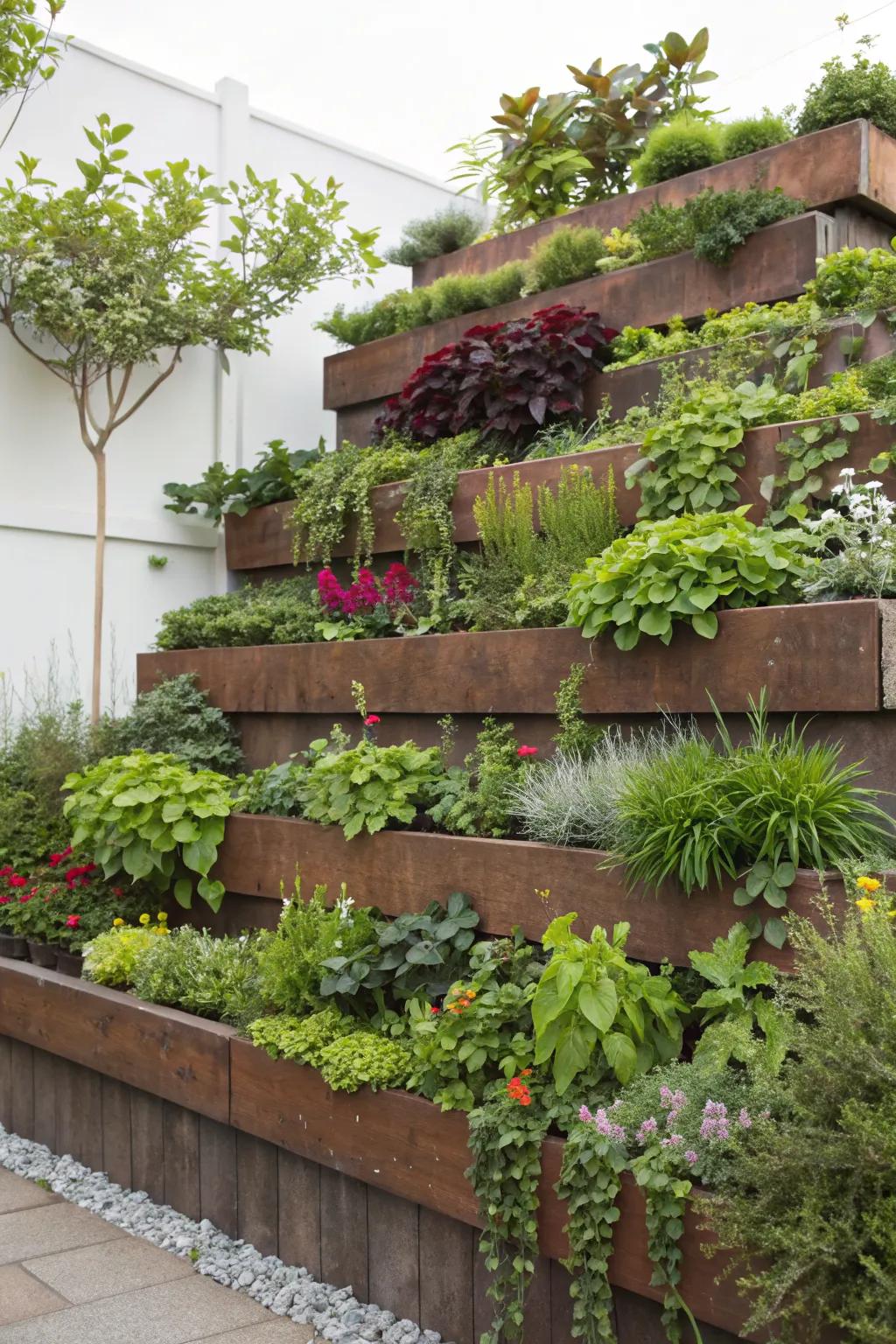 Tiered walls add depth and dimension to garden landscapes.