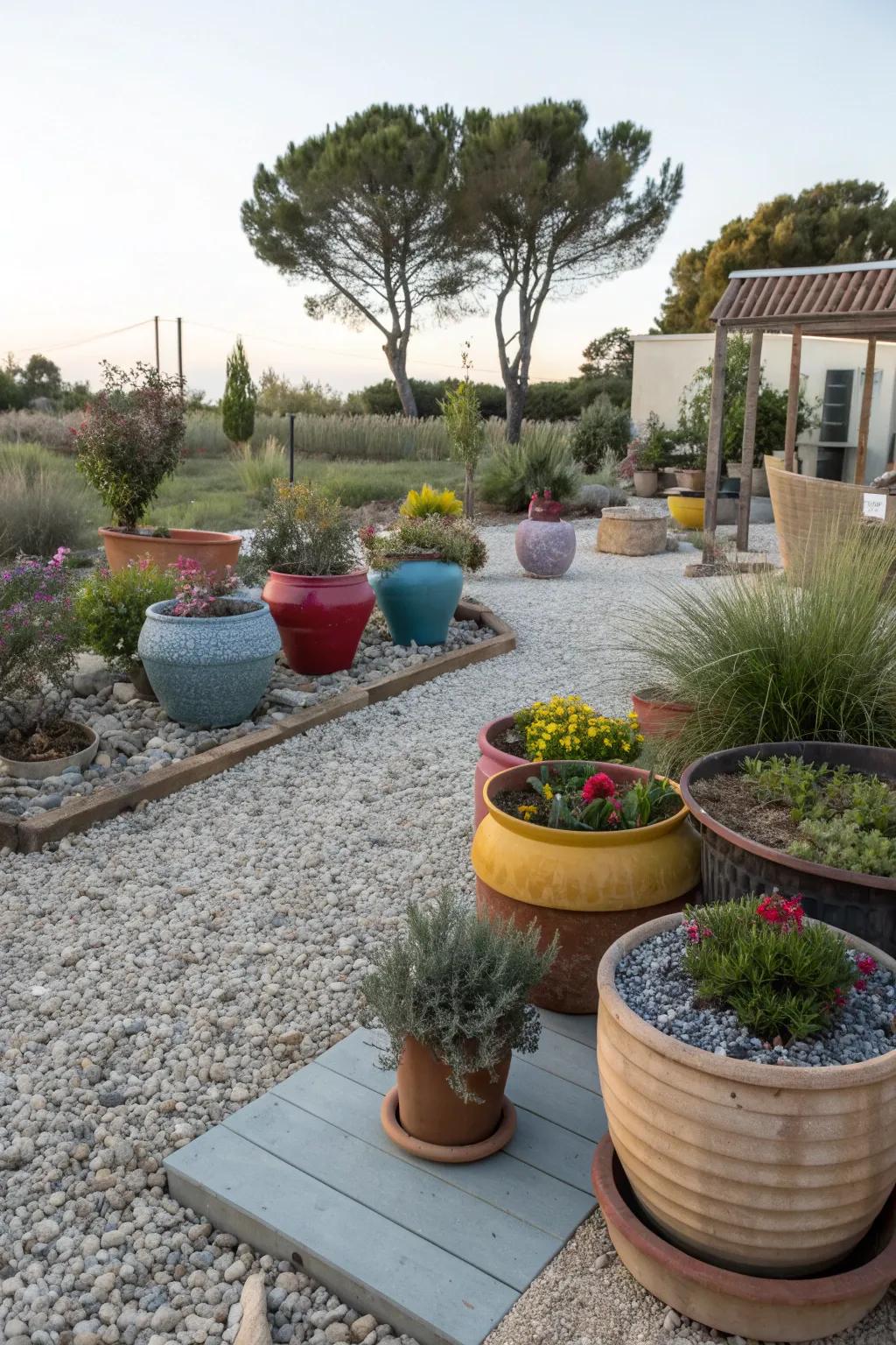 Pots and containers adding variety to a gravel garden.