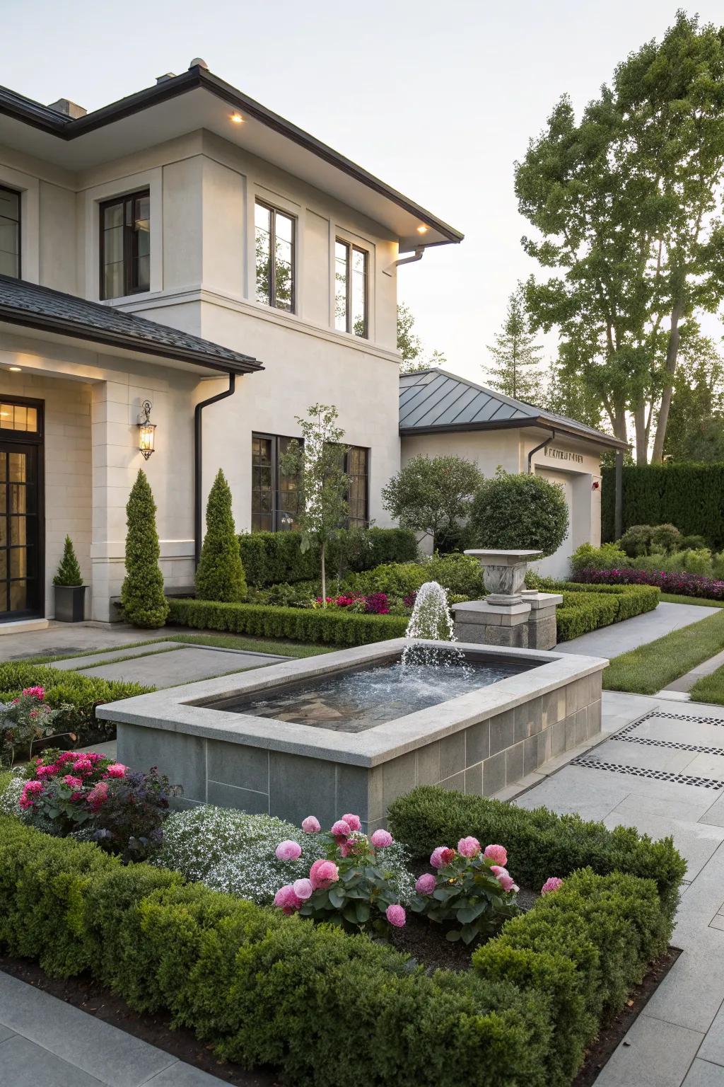 A home exterior with a calming water feature.