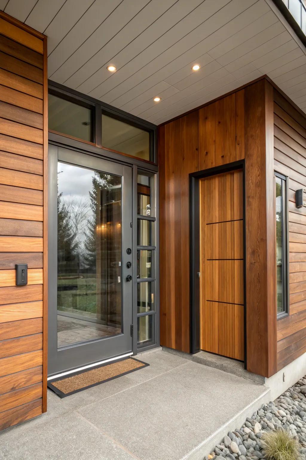 Textured entrance combining wood and metal.