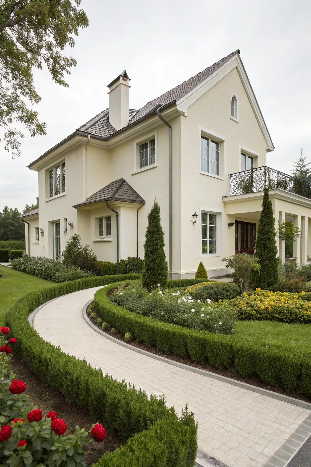 A modern house with a creamy off-white exterior, exuding timeless elegance.