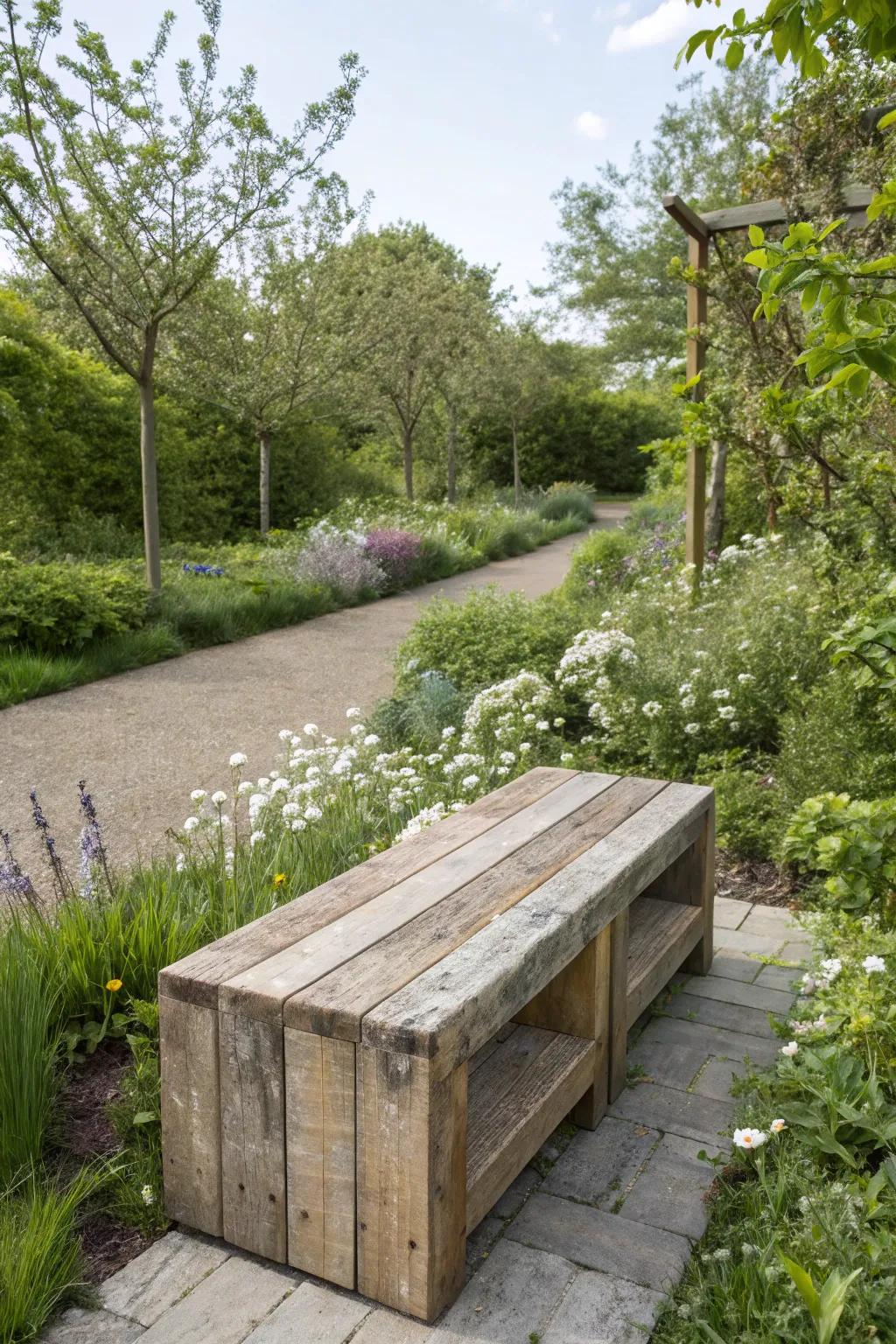 A reclaimed wood bench that beautifully fits into the eco-friendly garden.
