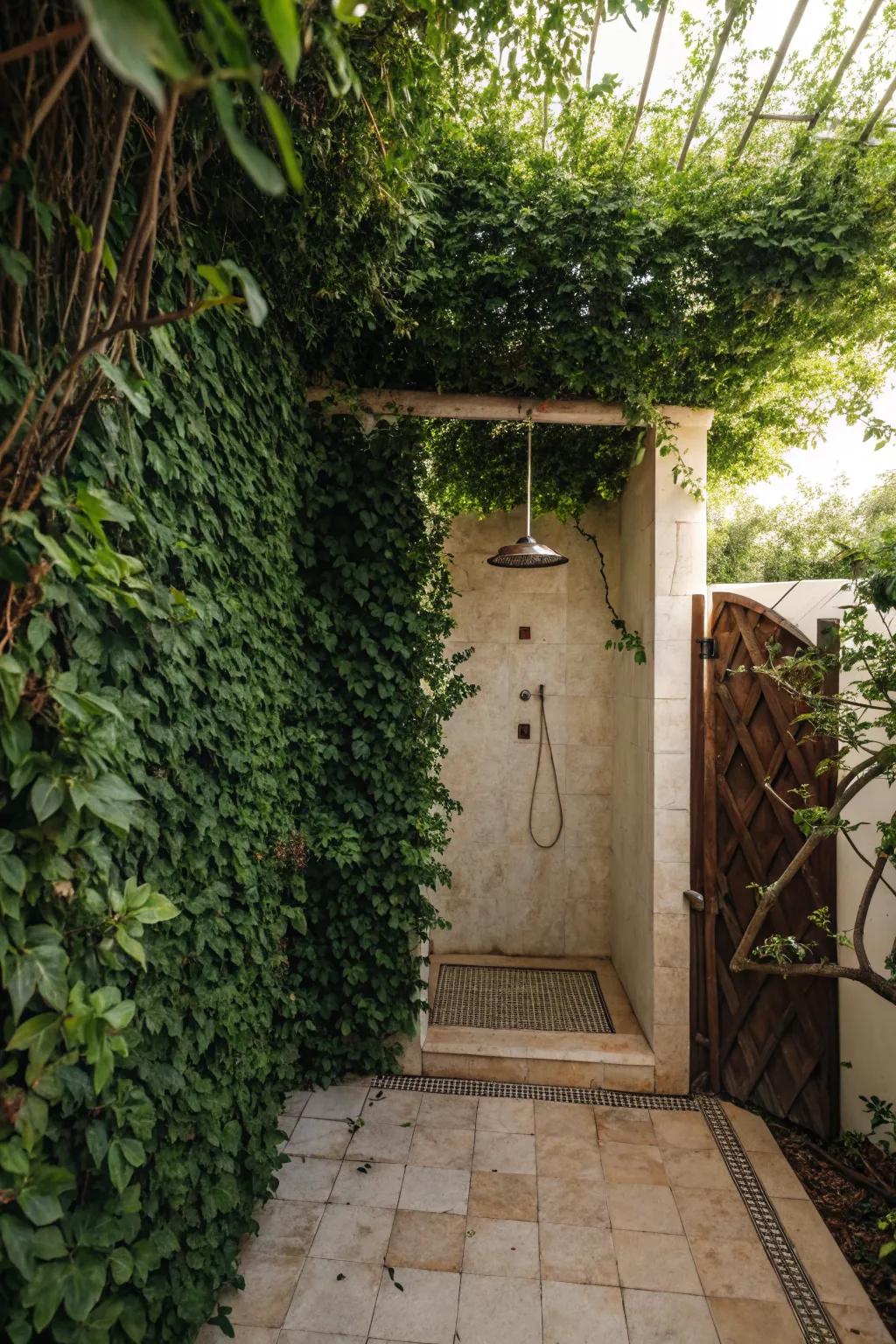 A hidden outdoor shower retreat behind greenery.