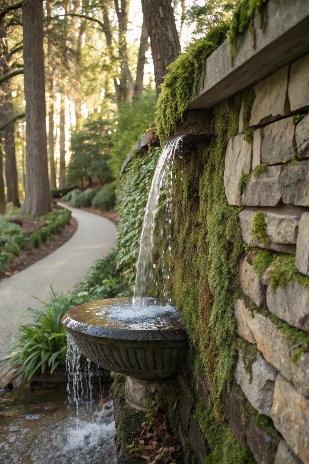 Water wall with a hidden source, creating a mysterious and enchanting effect.