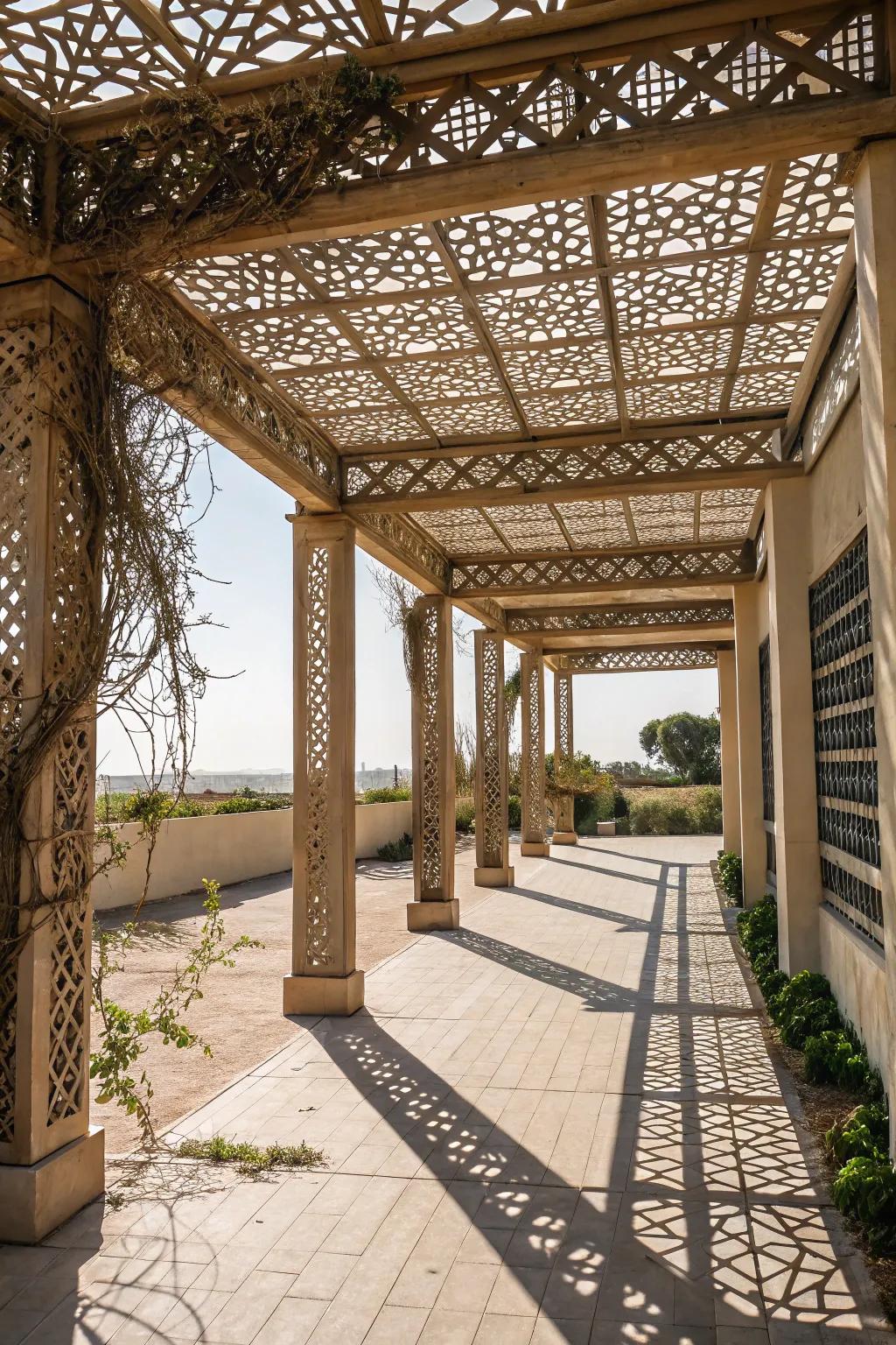 A pergola with striking geometric patterns, adding modern flair.