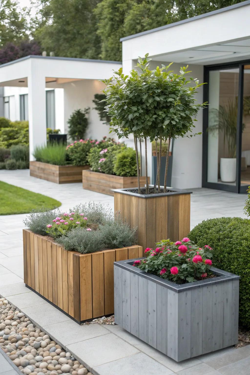 Mixed materials in planters offer rich texture.