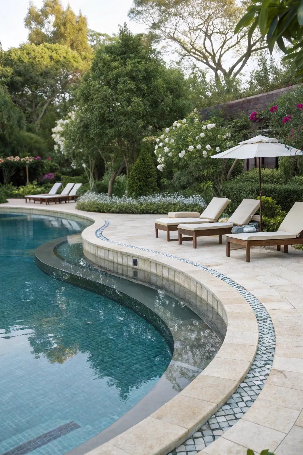 Curved coping softens and welcomes.