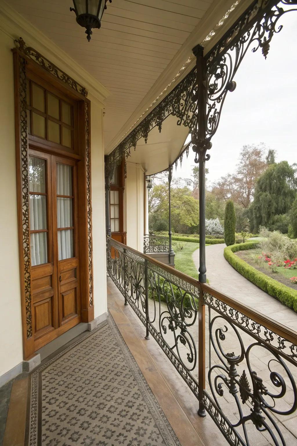 Wrought iron railings bring elegance and durability to porches.