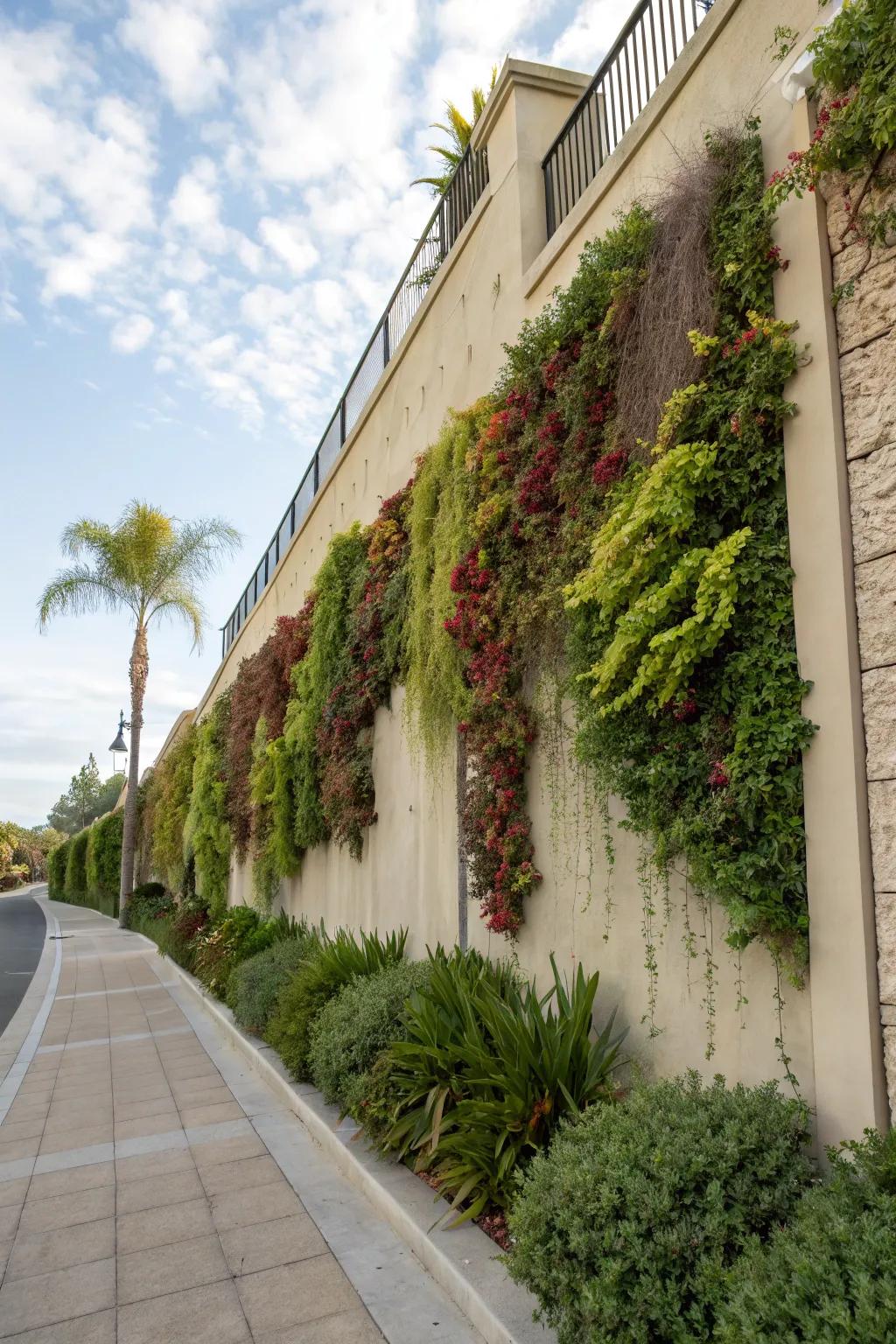 Vertical gardens on stucco walls offer lush greenery in limited space.