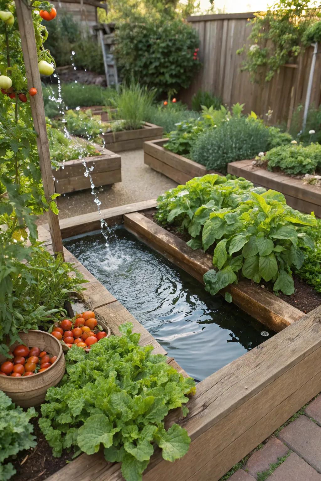 A serene water feature nestled among lush garden beds.