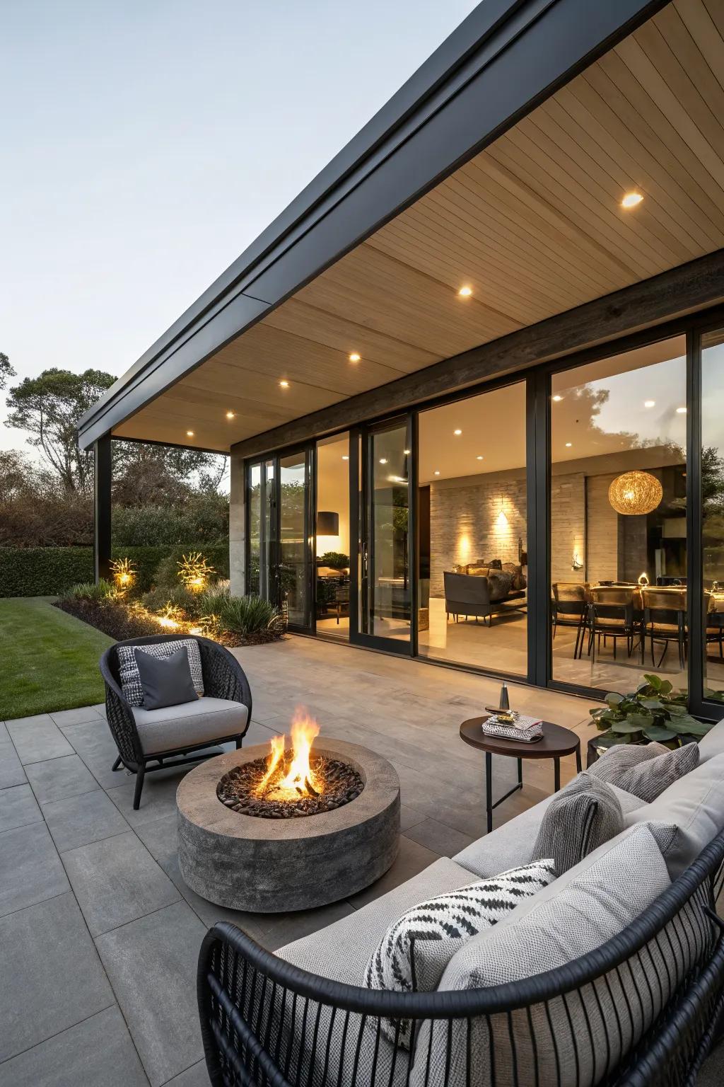 A fire pit invites warmth and conversation.