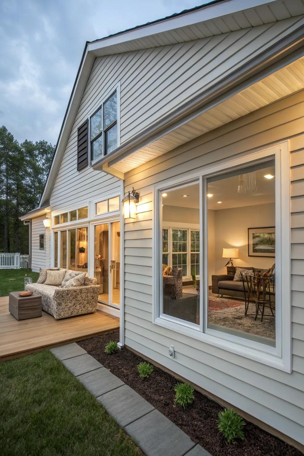 Seamless indoor-outdoor blend with continuous vinyl siding.