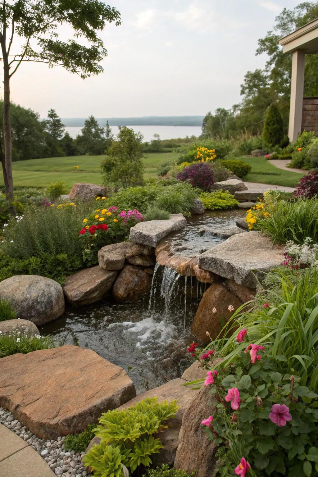 A bubbling rock feature adds unique charm.