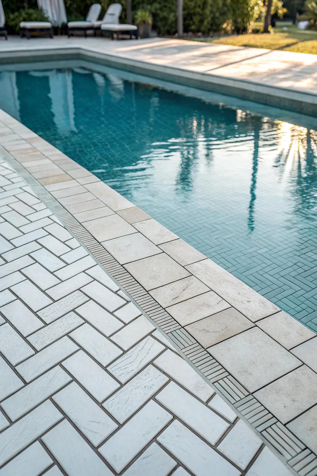 A unique herringbone pattern using white pool tiles.