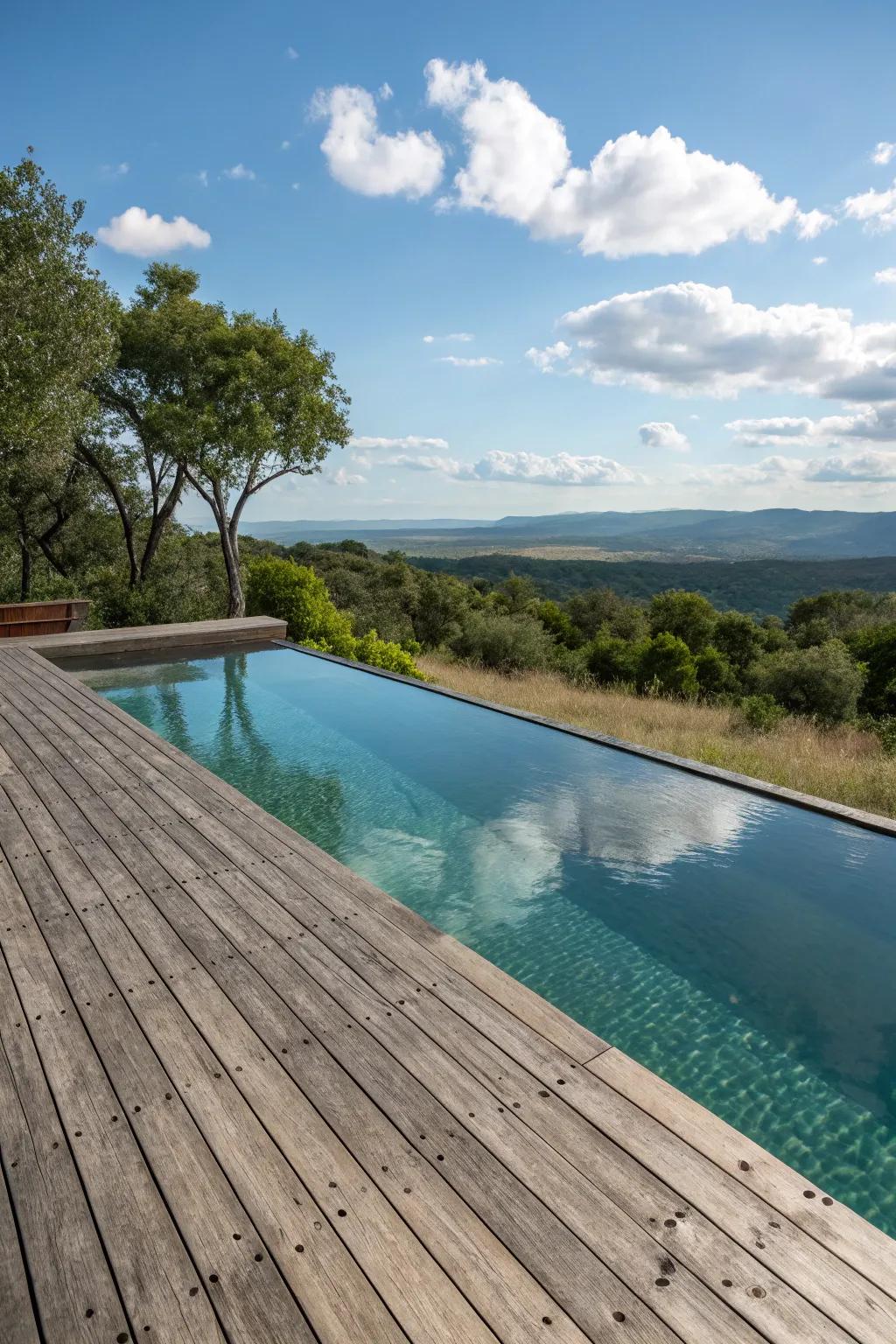 An infinity pool deck design that merges with the landscape.