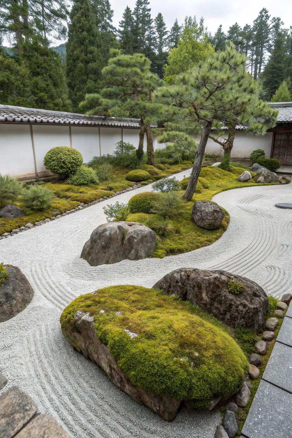 Moss-covered stones add texture to a Zen garden.