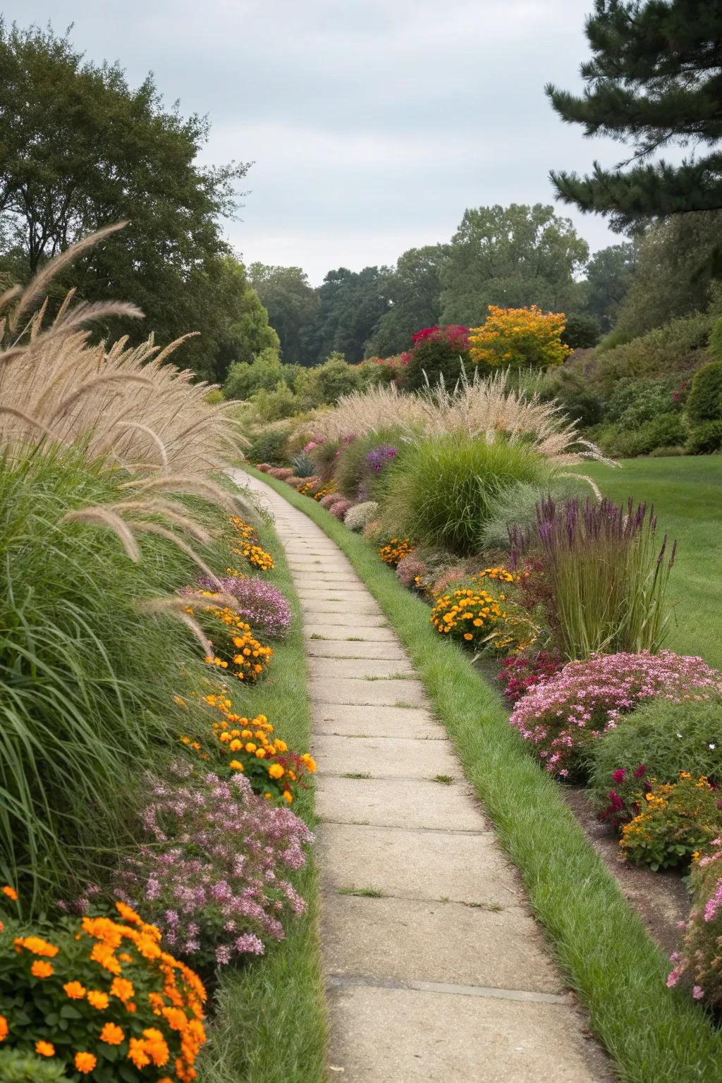 Define garden paths with ornamental monkey grass borders.